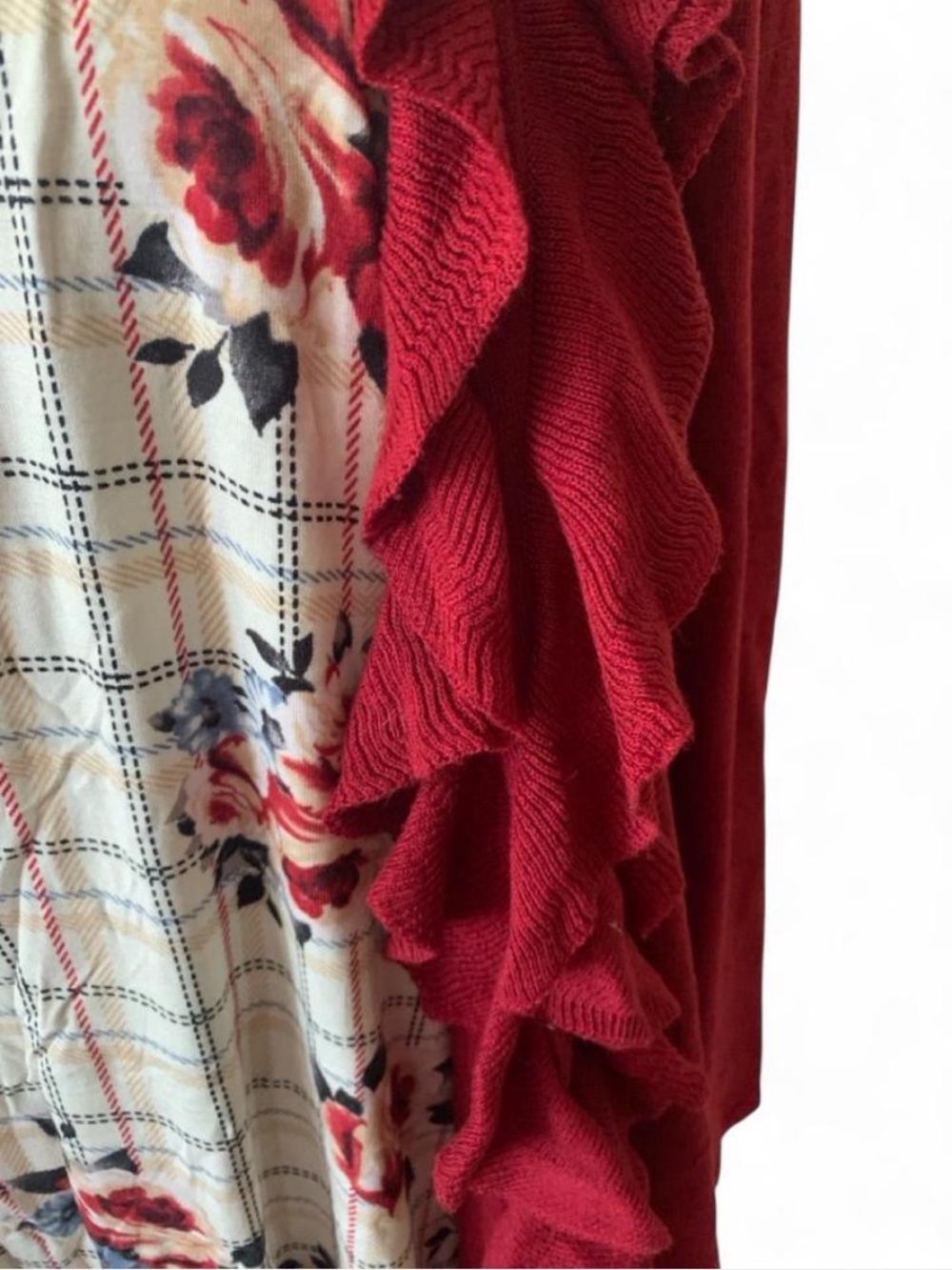 Cottagecore Red Ruffle Open-Front Women's Sweater Cardigan & floral slub tee - Picture 2 of 8